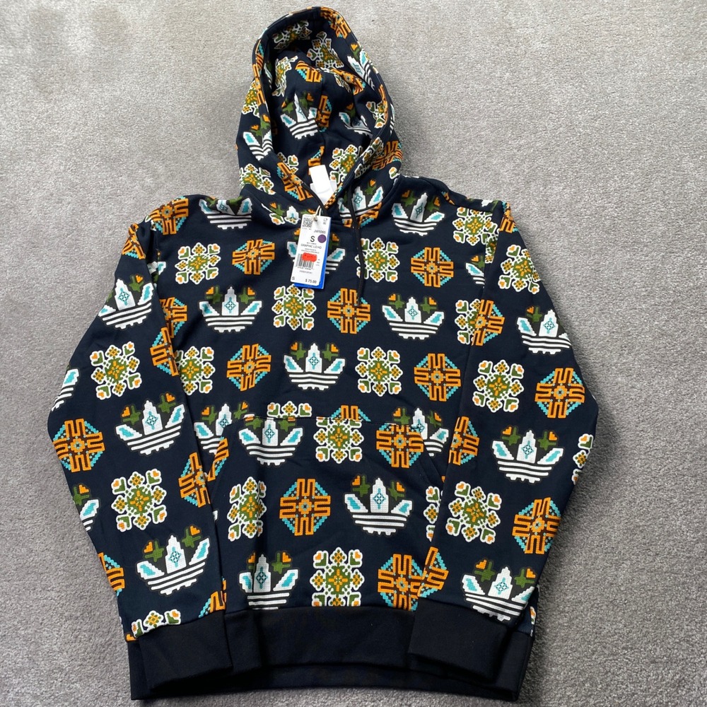 Adidas Hoodie Mens Size S Black Multicolor Graphic Trefoil Geometric JW1085